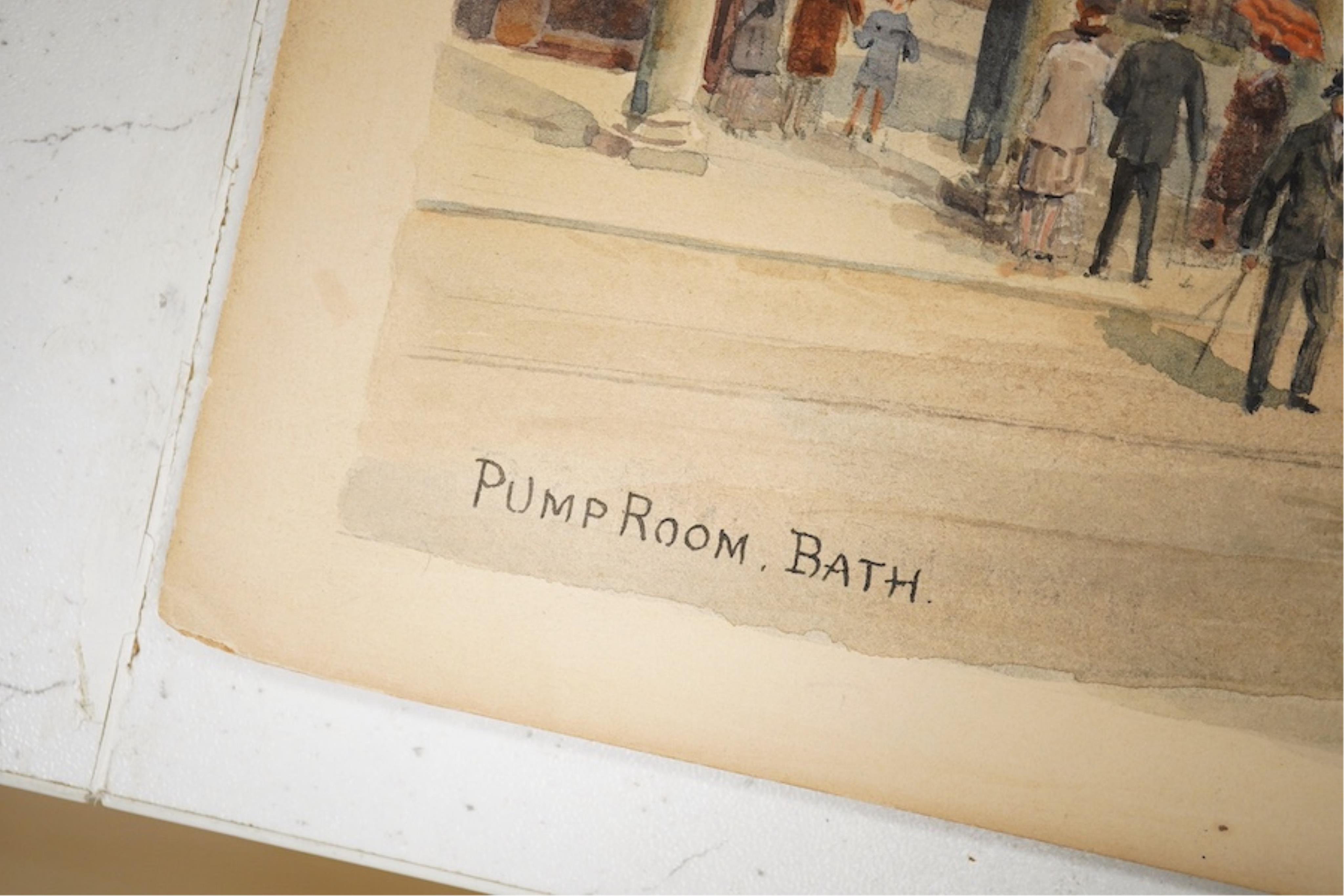 Alfred Robert Quinton (1853-1934), pair of original watercolours for postcard designs, comprising: The Pump Room, Bath and Pulteney Bridge, one signed, one monogrammed, 20 x 30cm, unframed. Condition - fair to good